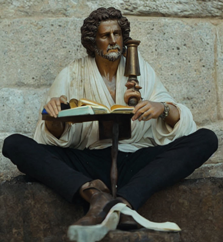 Seated bearded man statue with book and quill