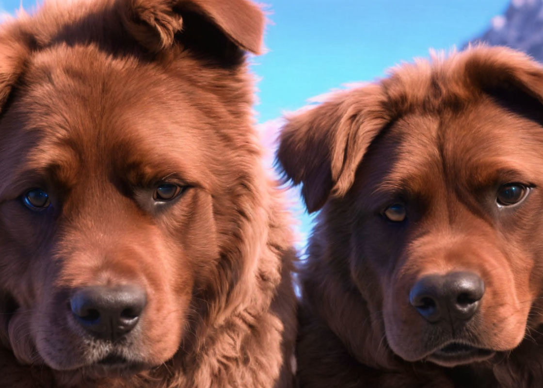 Two Brown Dogs with Expressive Eyes on Blue Sky Background