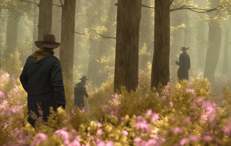 Three figures in hats among trees and pink flowers in misty forest