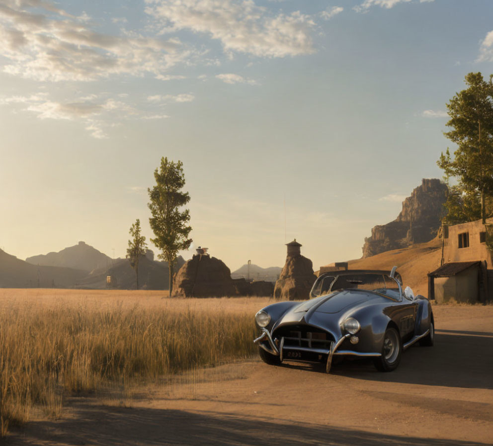 Vintage Blue Car Parked on Rural Road at Sunset with Mountain and Rock Background