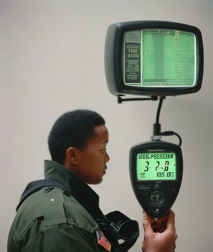 Person in Green Jacket with Futuristic Digital Headpiece Display