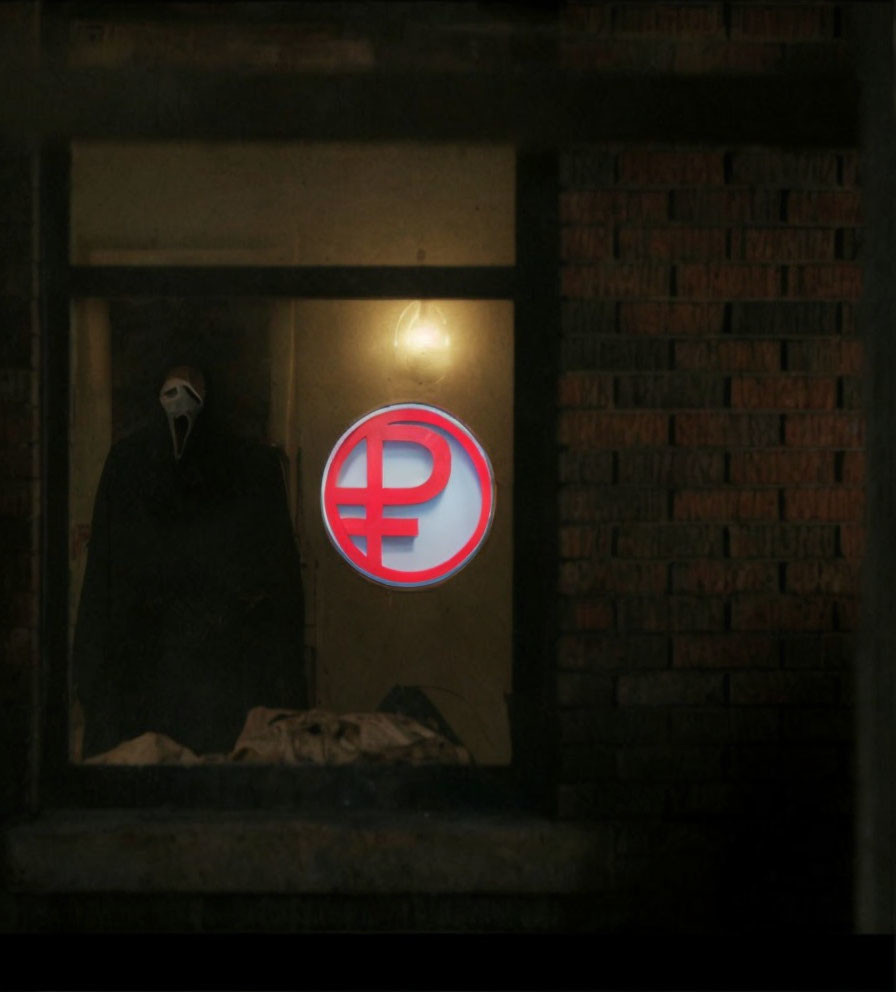 Hooded Figure in Plague Doctor Mask at Dimly Lit Window