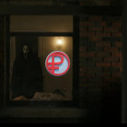 Hooded Figure in Plague Doctor Mask at Dimly Lit Window