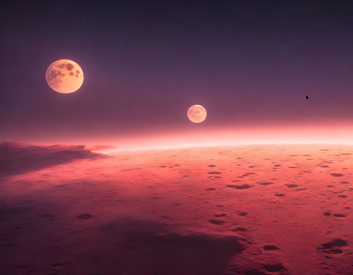 Surreal landscape with magenta sky, two moons, and bird flying afar