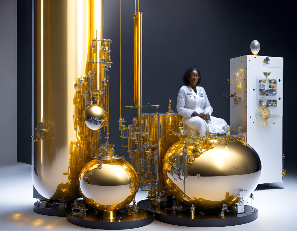 Contemplative woman near golden distillation apparatus under soft lighting