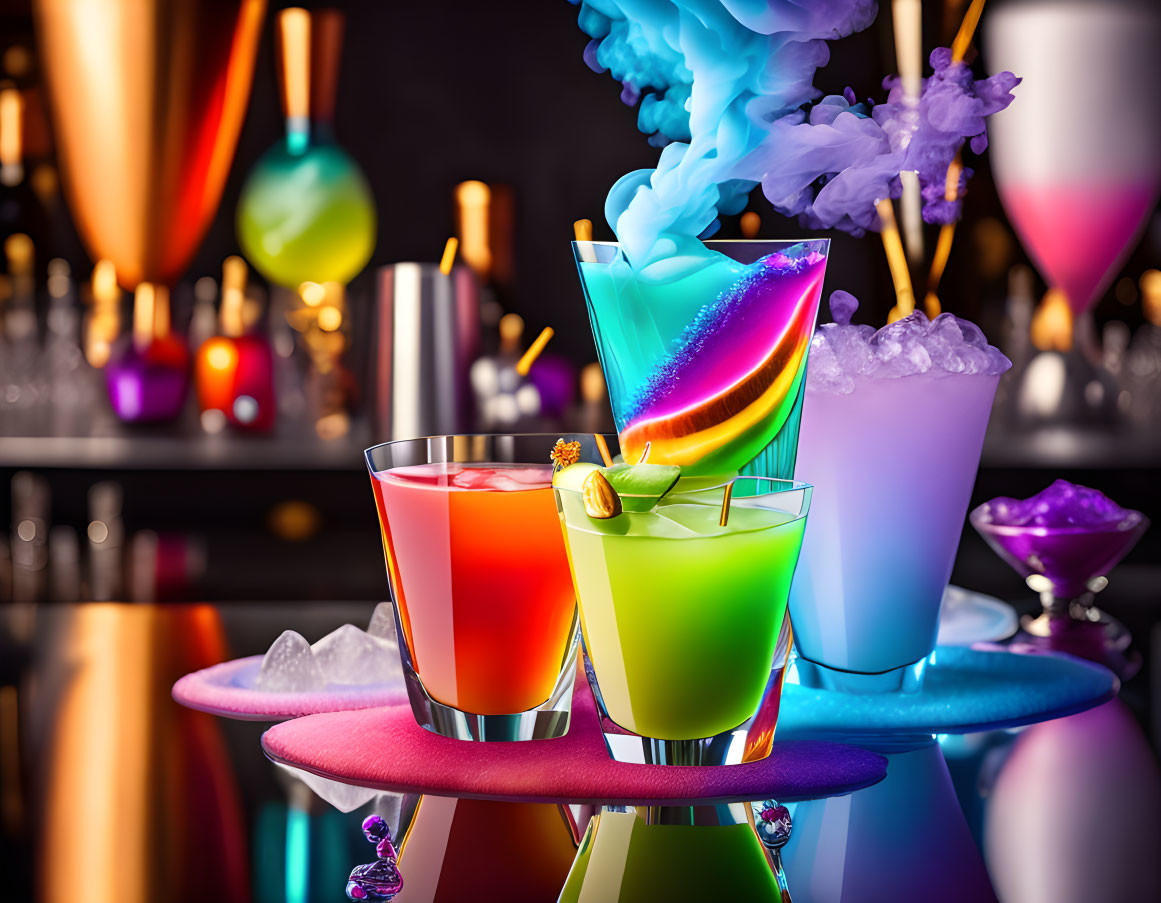 Colorful Smoke Effect Cocktails on Bar Top: Vibrant Glasses & Festive Ambiance