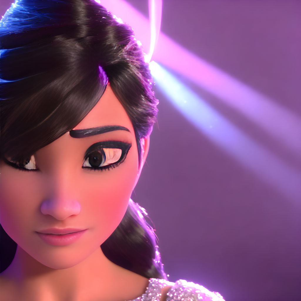 Detailed Close-Up of Dark-Haired Female 3D Character on Purple Background