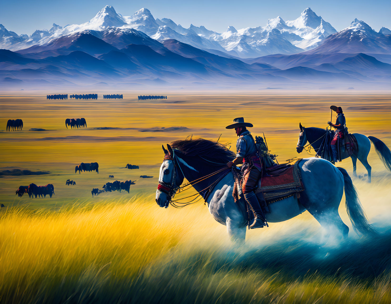 Cowboys on horses in golden field with mountains and grazing horses.