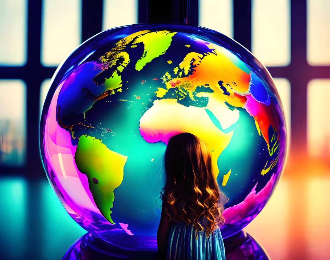 Child with oversized colorful globe in shadow-filled room