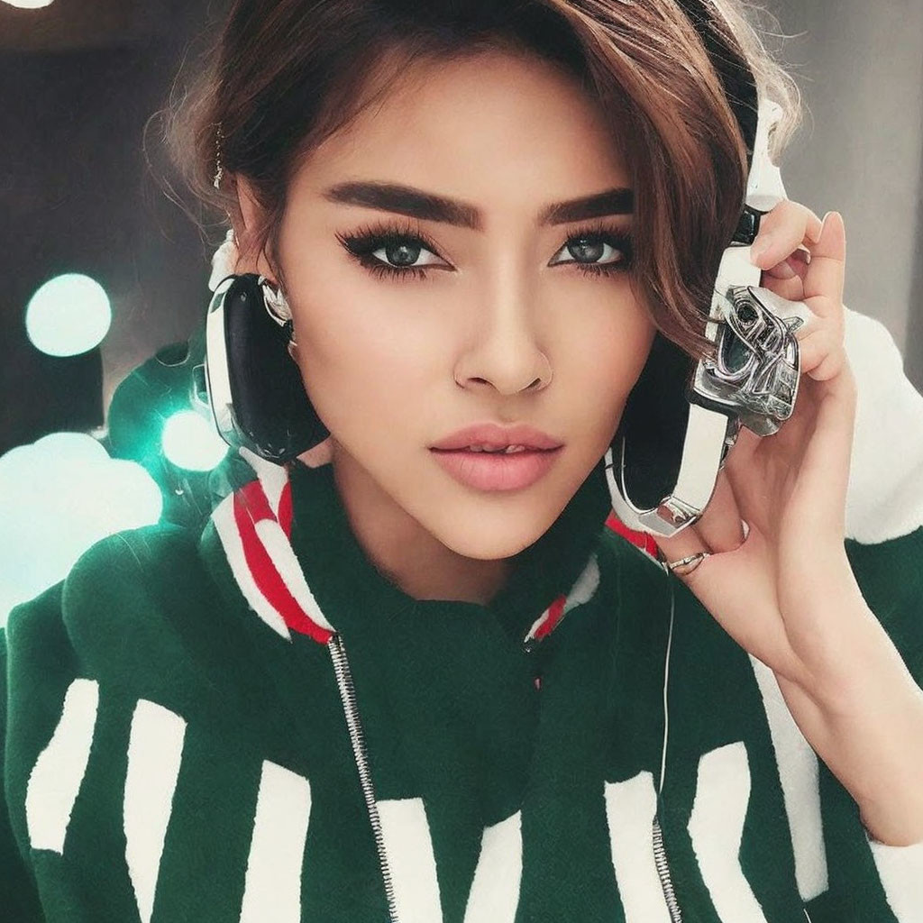 Young woman in green sweater and headphones gazes at camera in indoor setting