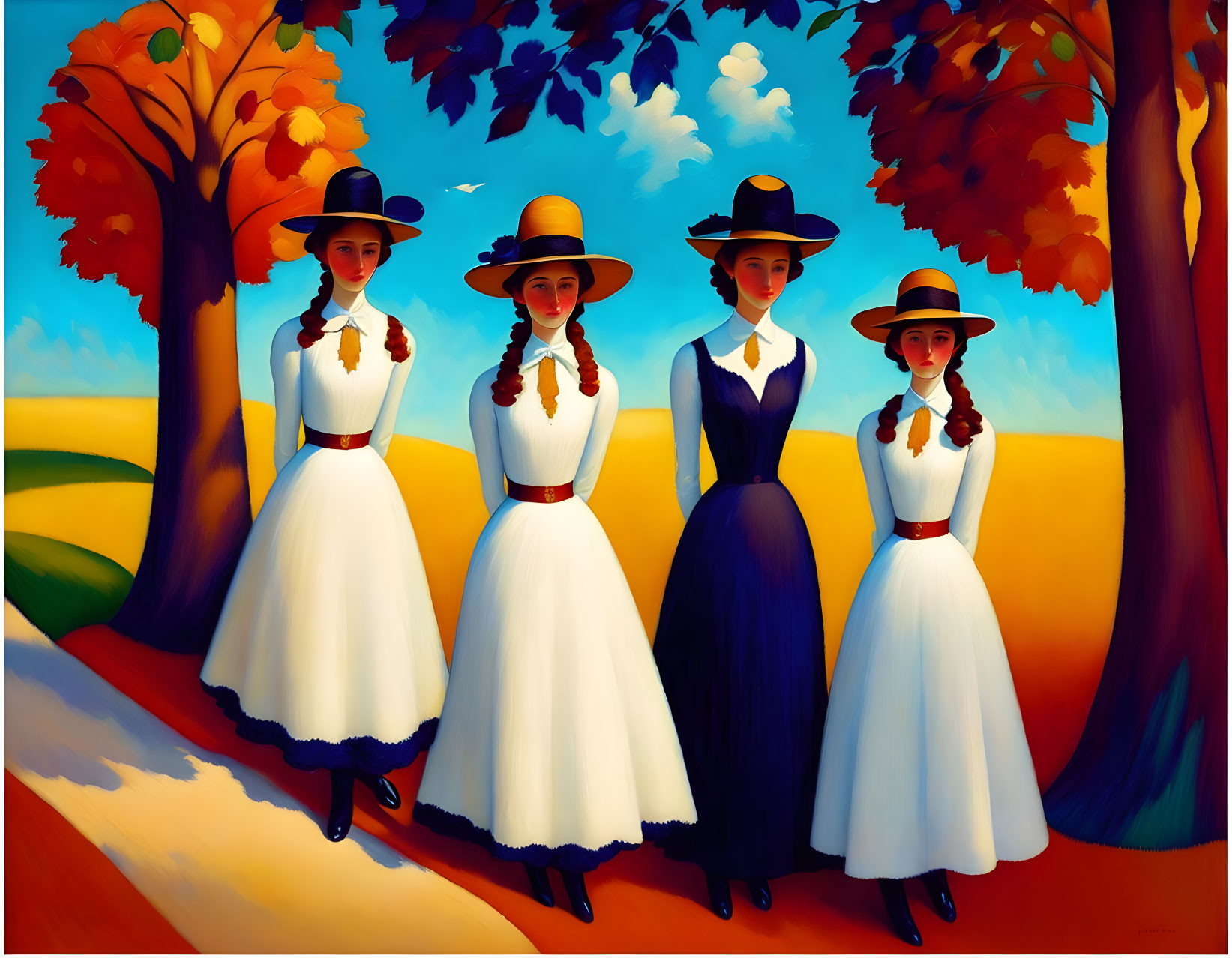 Four women in dresses and wide-brimmed hats in vibrant landscape