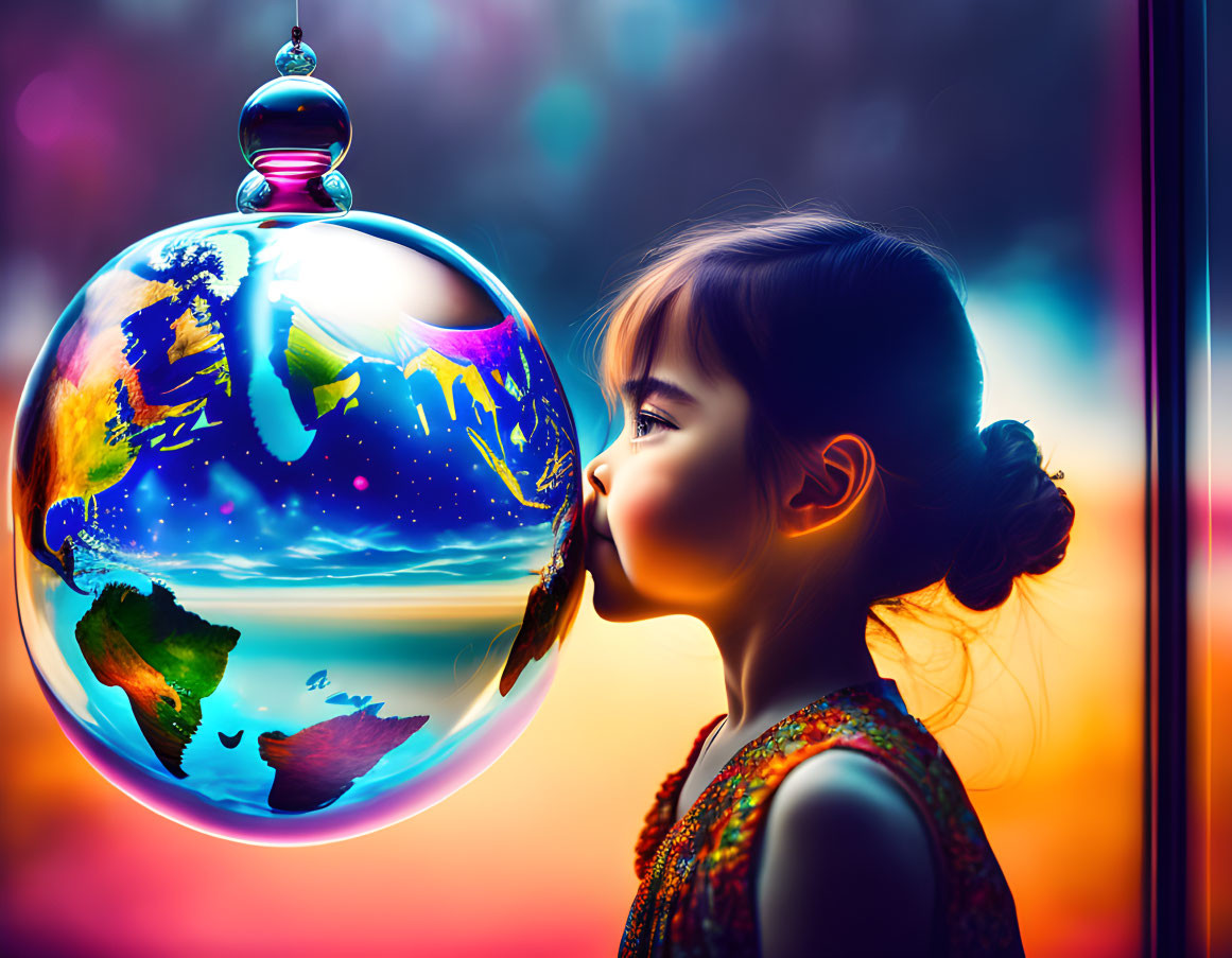 Young girl with bun admiring colorful globe on vibrant background