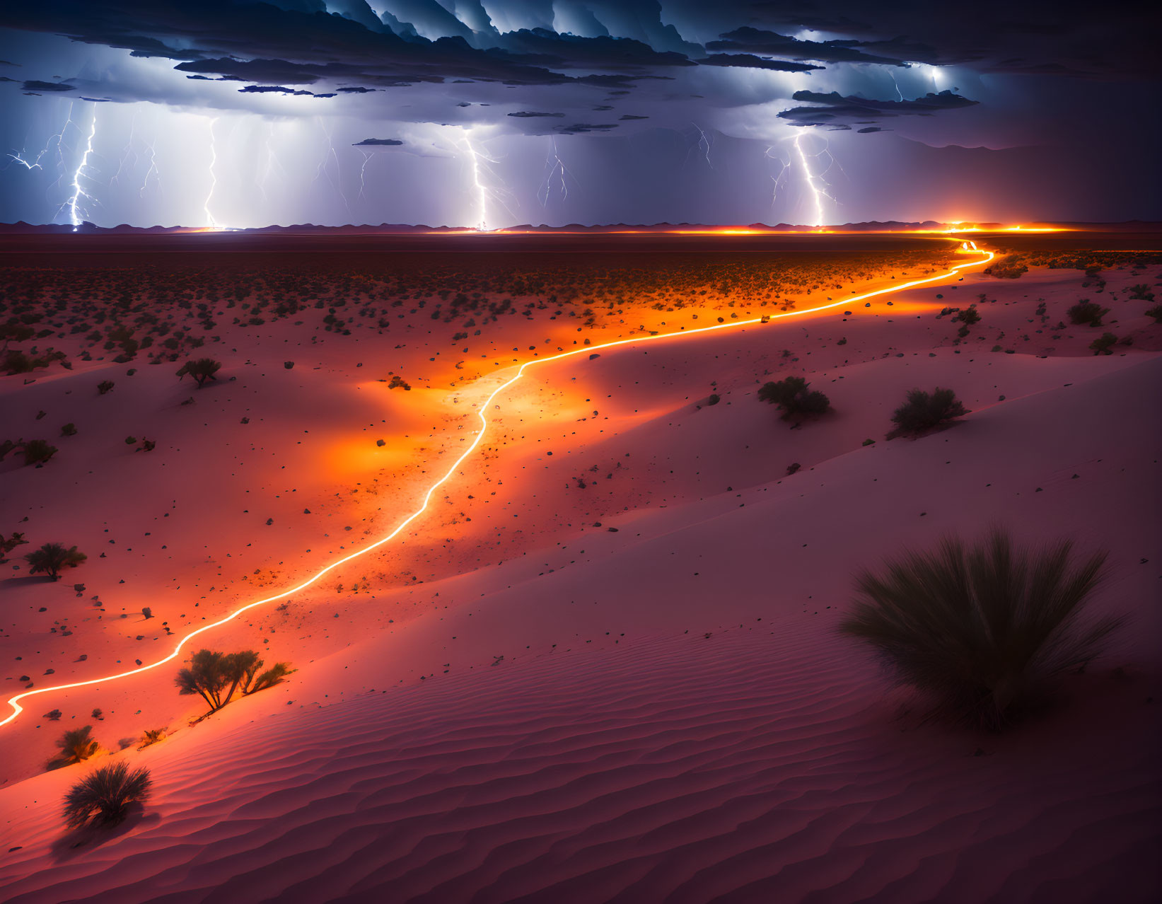 Night desert scene: dramatic stormy sky, lightning strikes, winding road with tail lights.