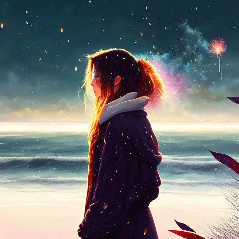 Girl in Purple Jacket Contemplating Starry Ocean Horizon with Fireworks