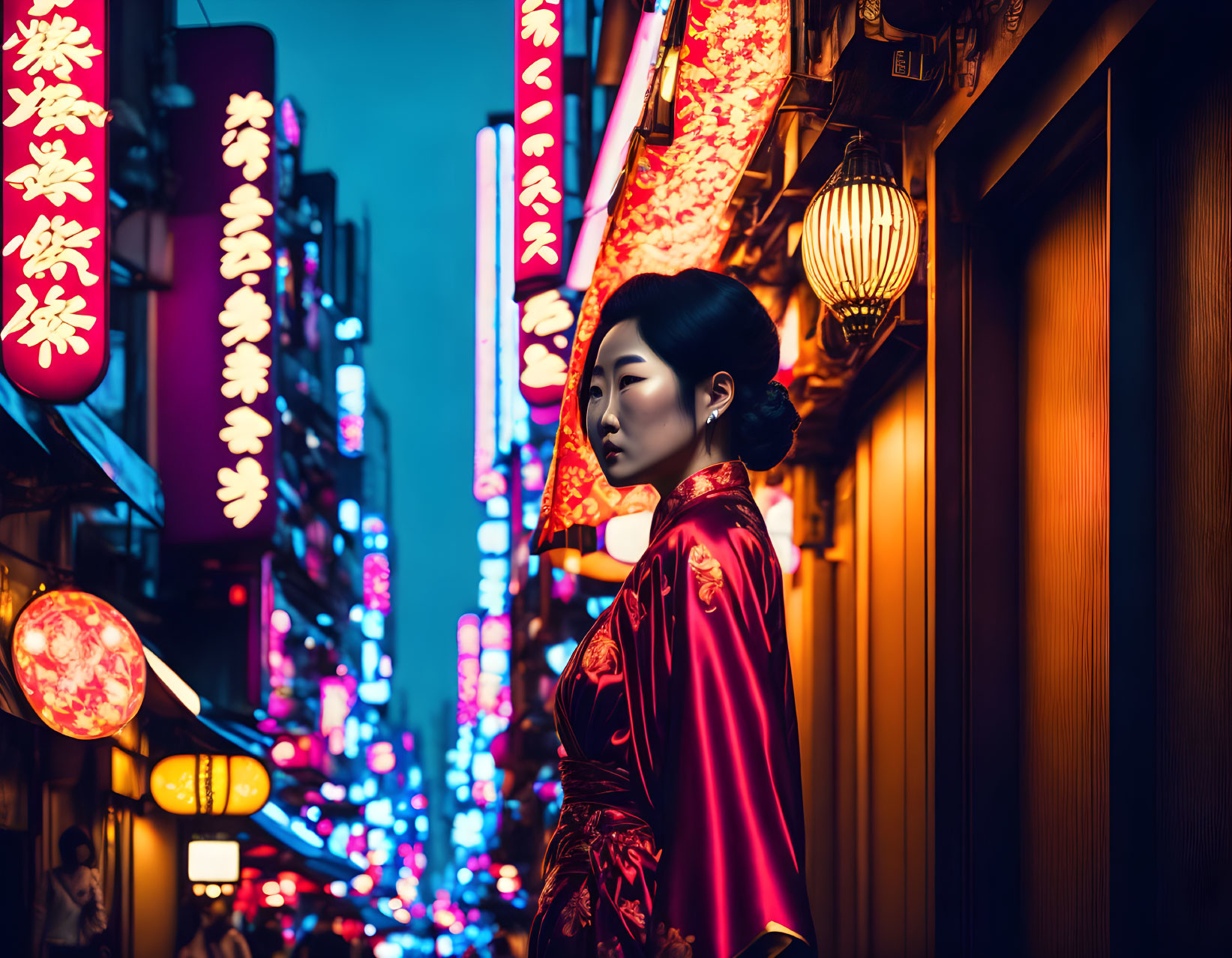 Woman in red kimono in neon-lit alley with glowing lanterns