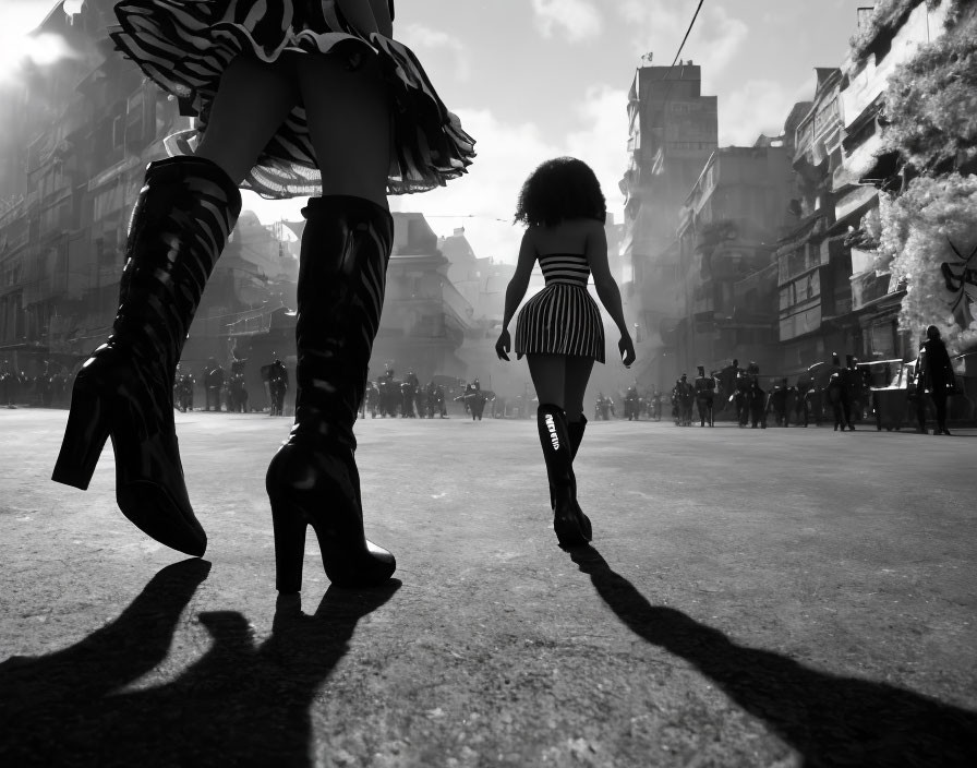 Urban street scene: Women in high-heeled boots casting long shadows