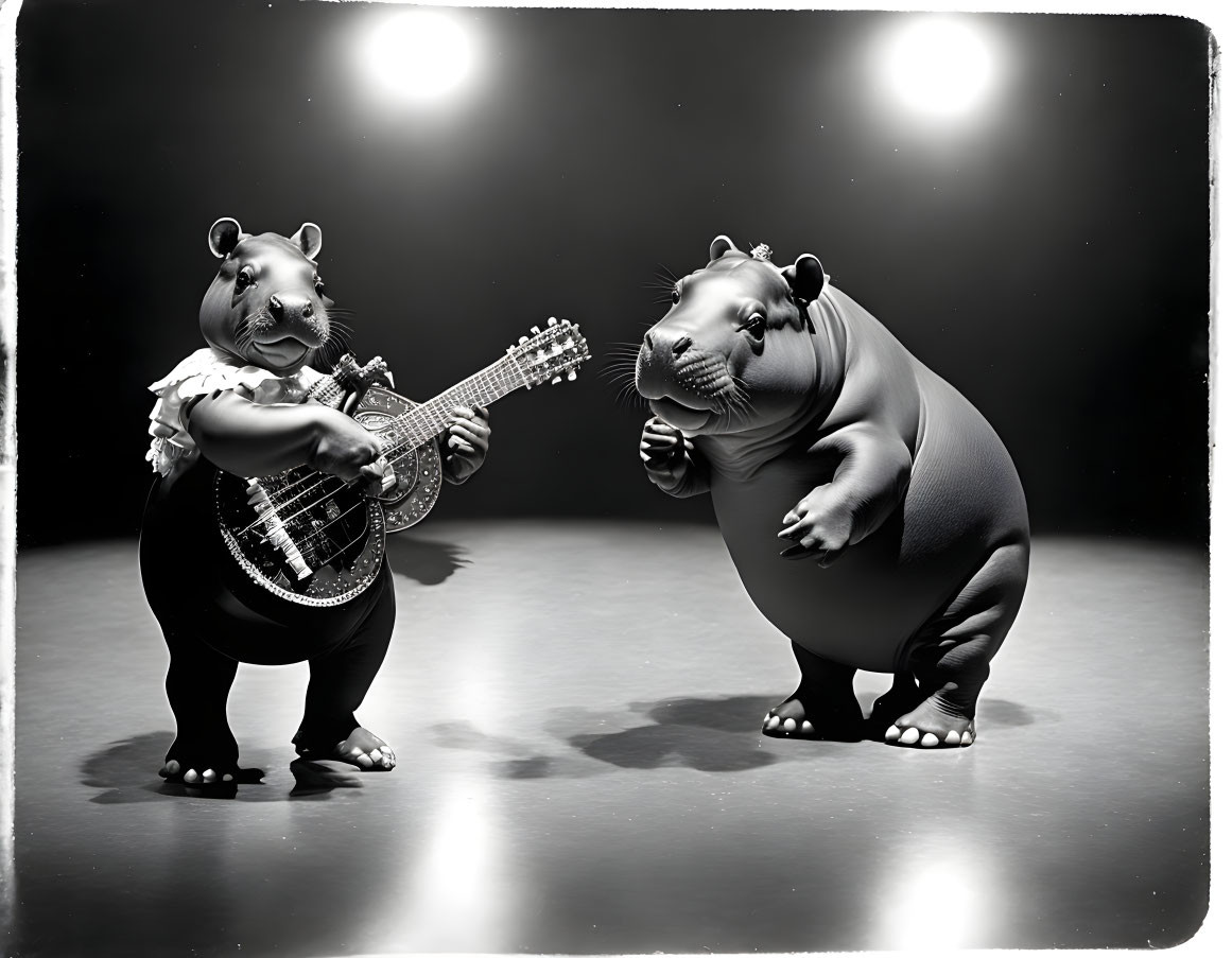 Animated bears playing guitar and singing on stage with a spotlight