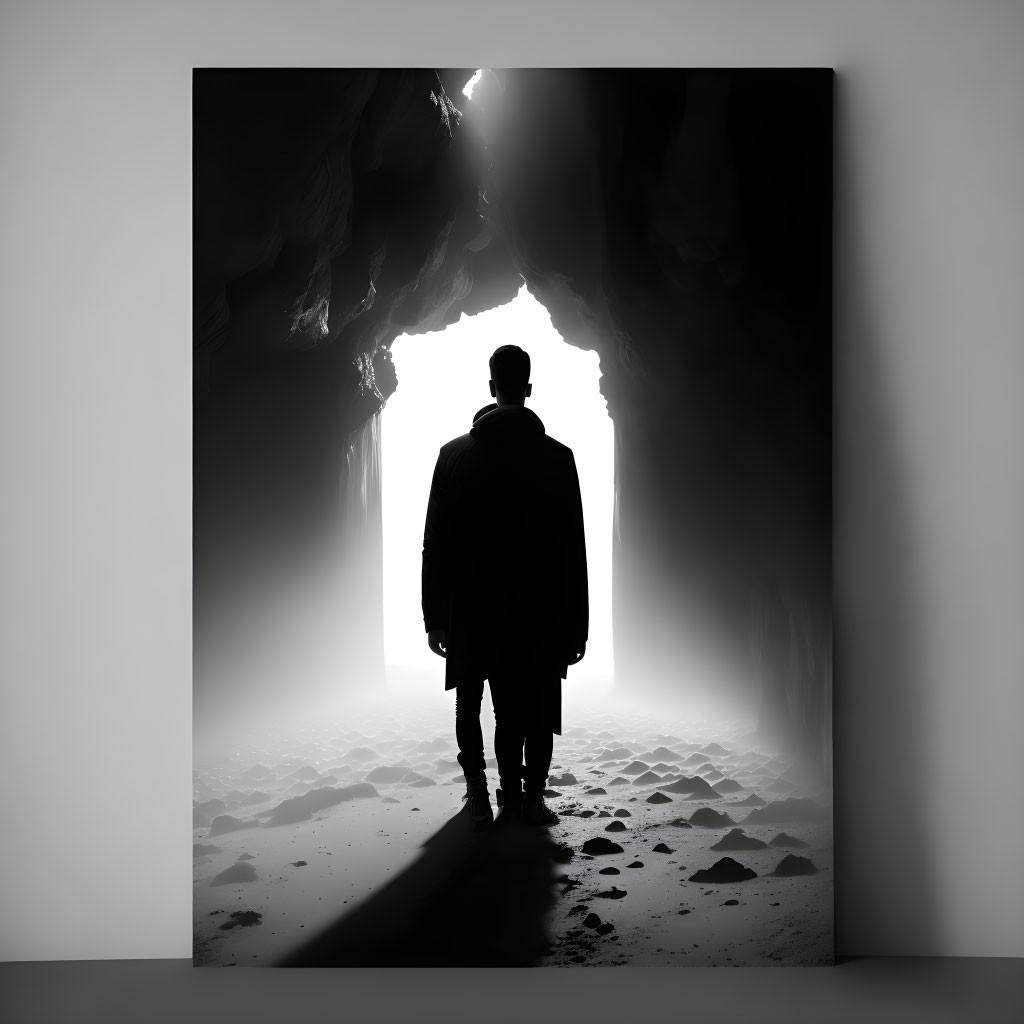 Silhouette of person at cave entrance with light and shadow.