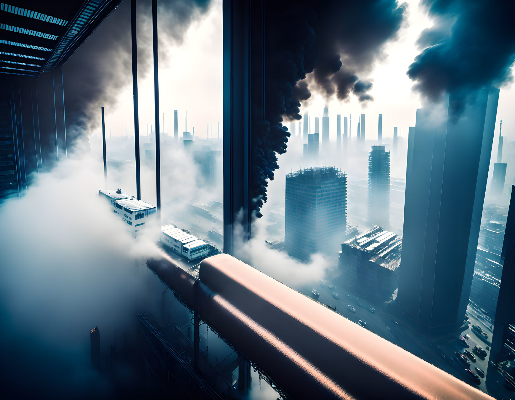 Dystopian cityscape with dense smog and industrial buildings