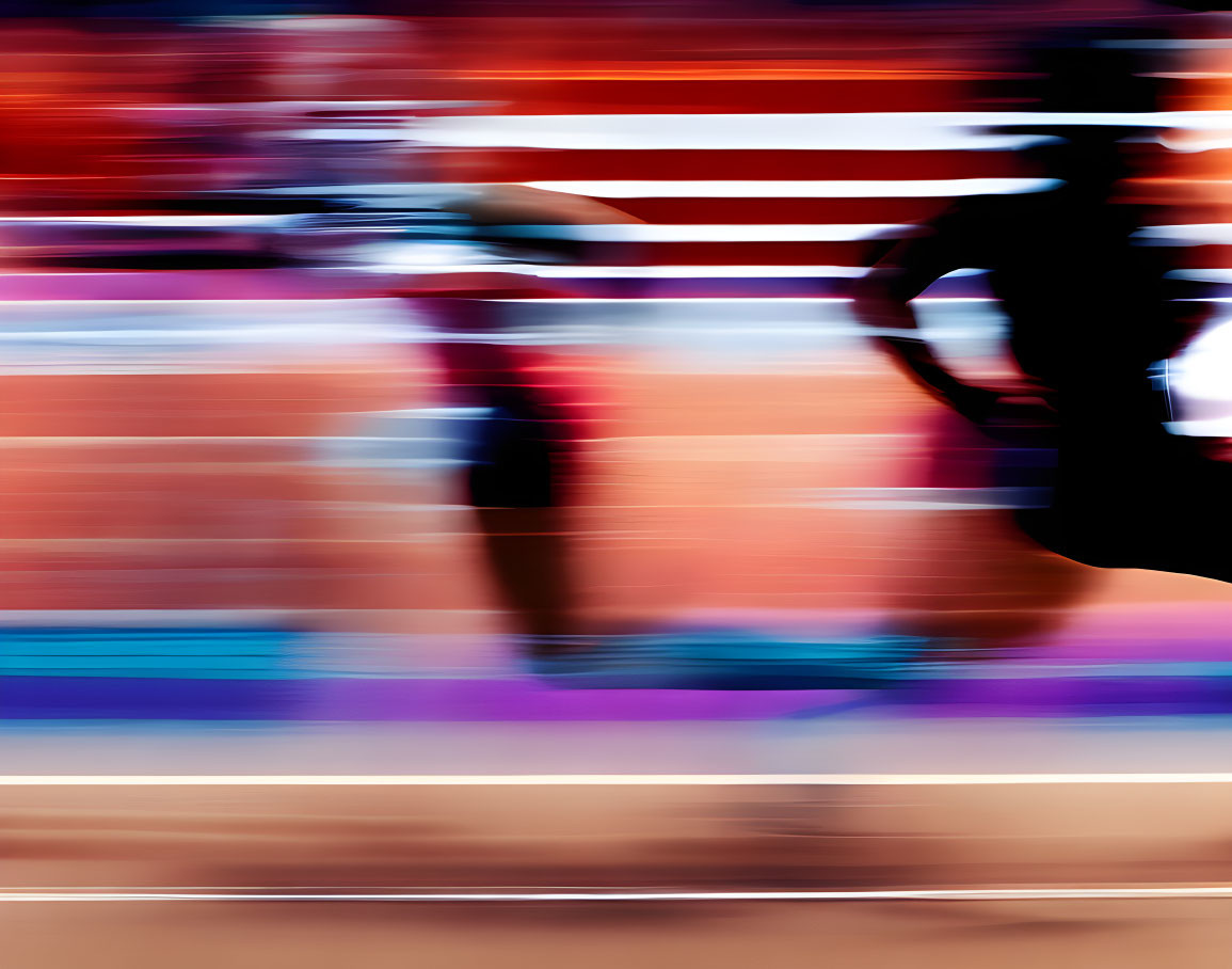 Abstract photo of runners in race with red, blue, purple streaks