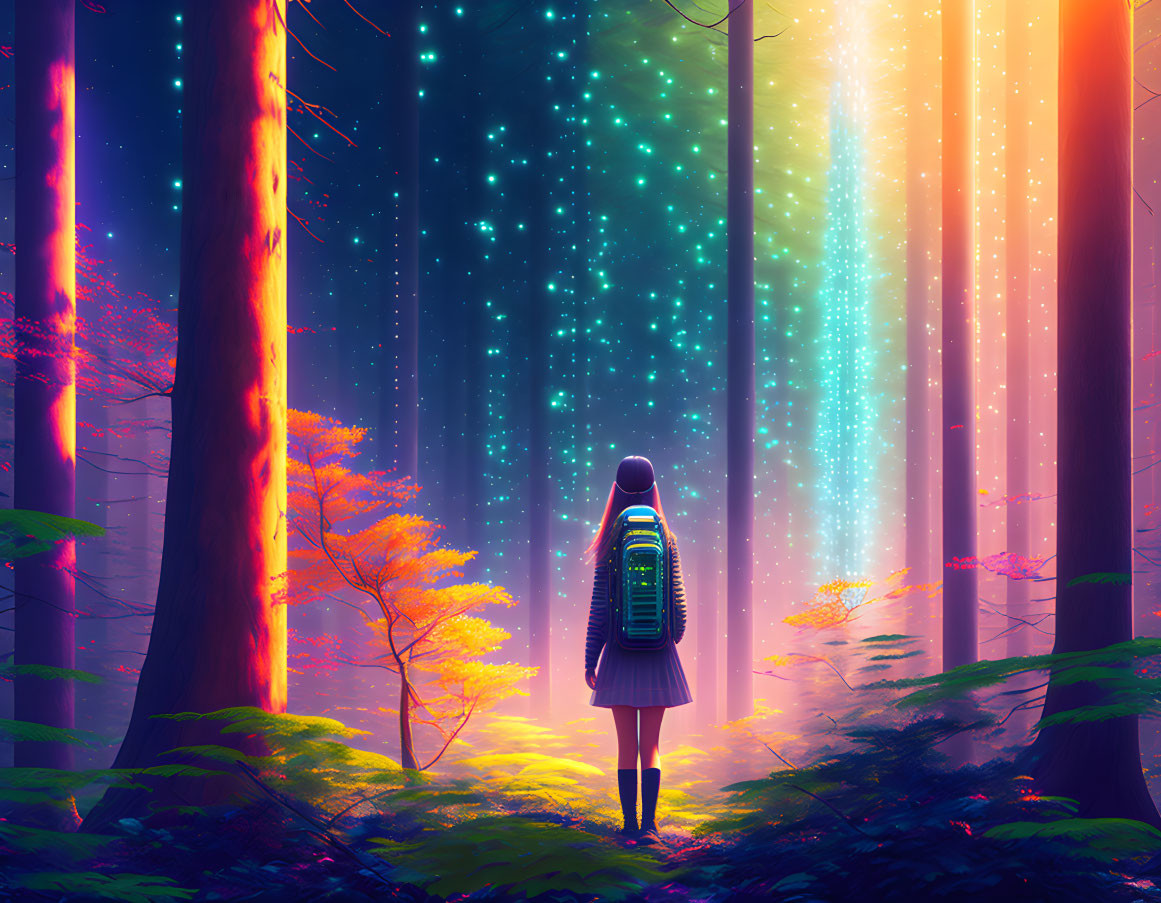 Person standing in vibrant forest with ethereal lights