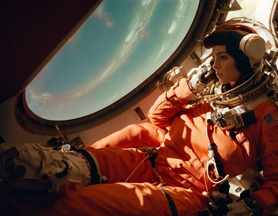 Astronaut in vivid orange space suit gazes at Earth's curvature.