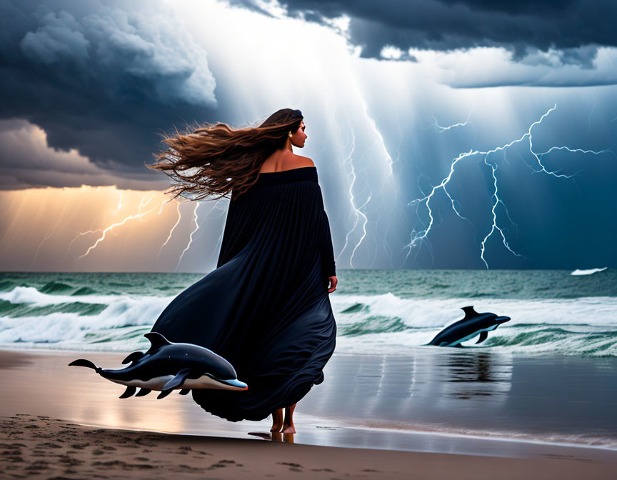 Woman in flowing dress on beach with stormy sea and leaping dolphins