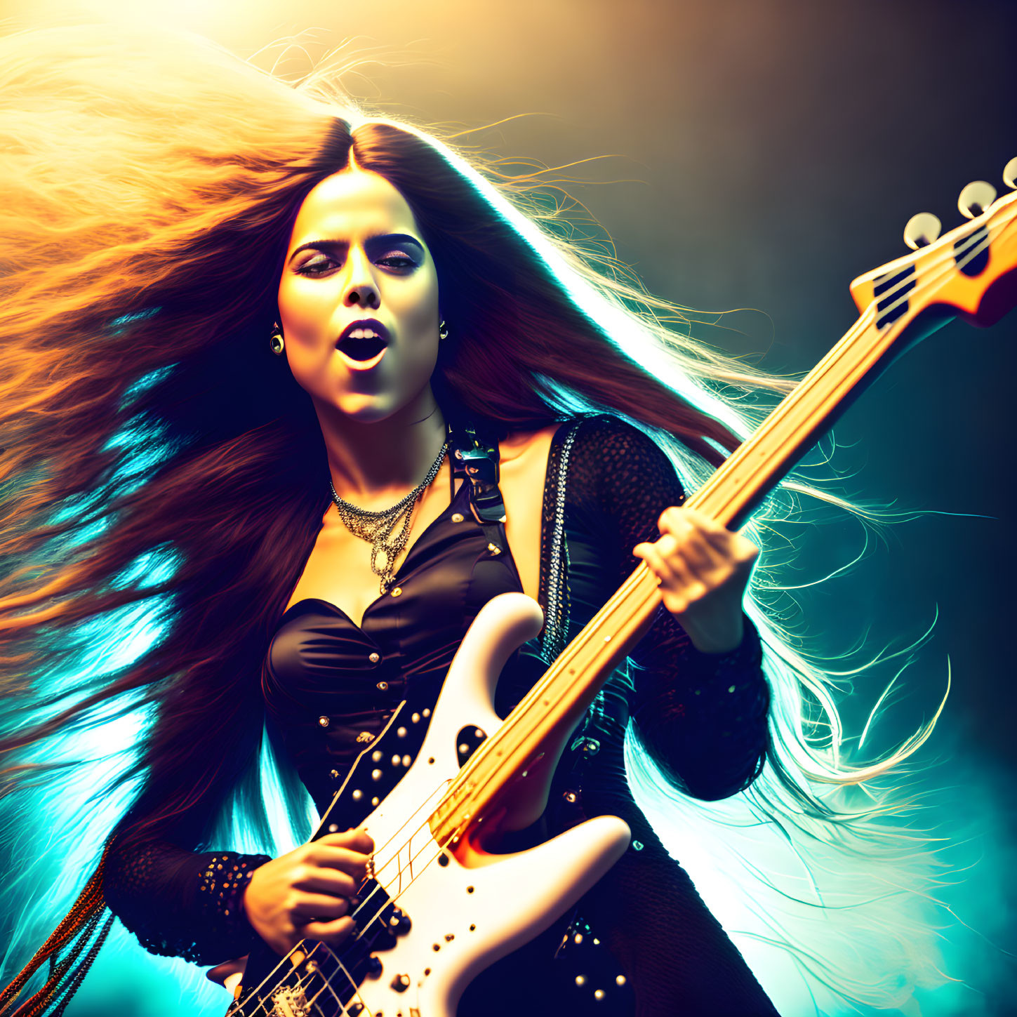 Passionate woman playing electric bass guitar in blue-lit setting