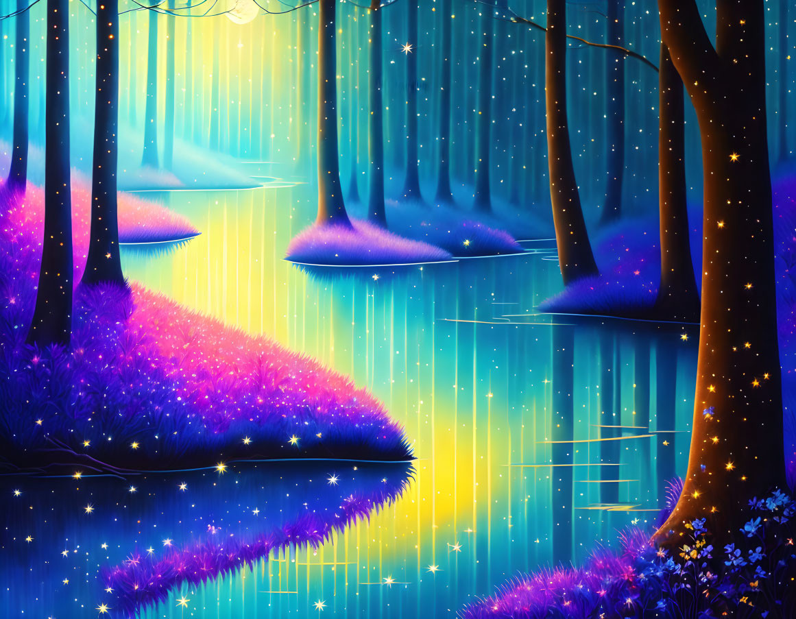 Enchanting fantasy forest with glowing trees and neon grass