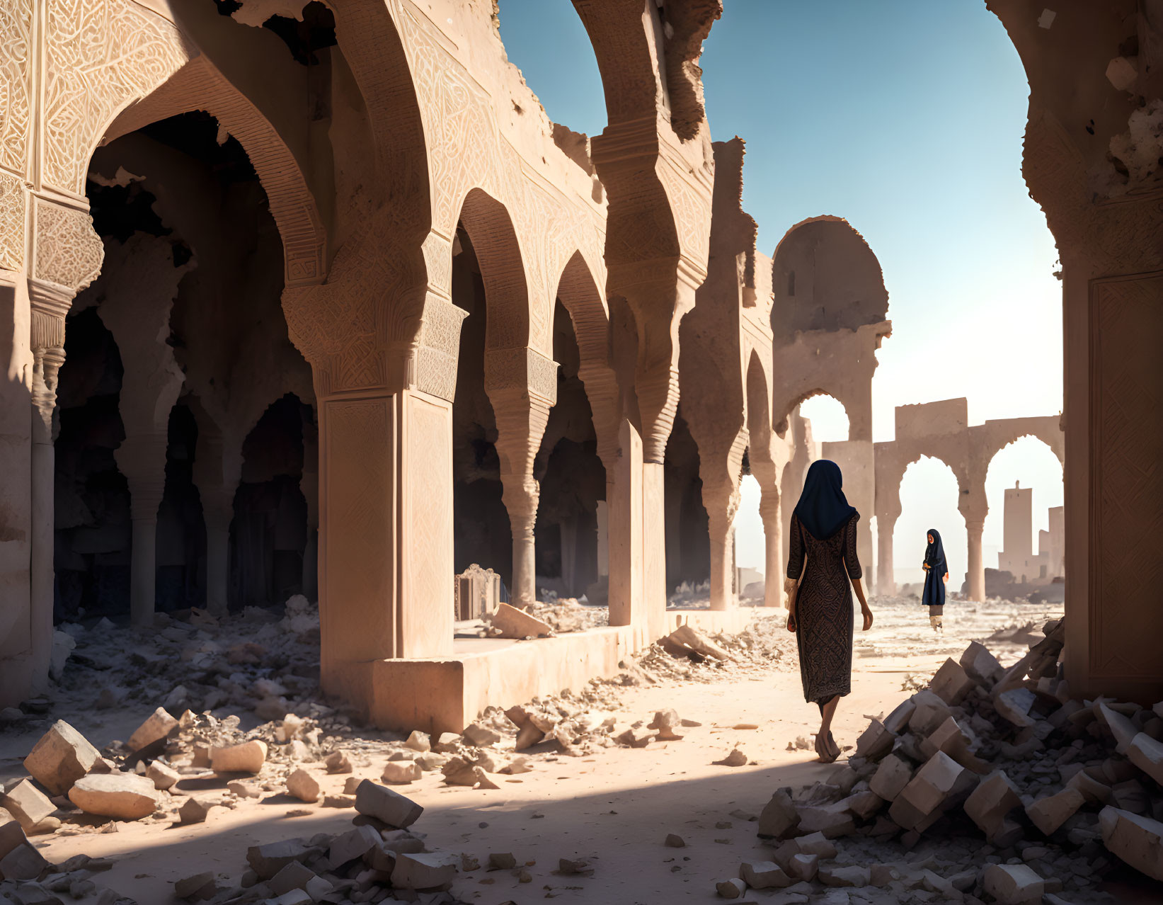 Woman exploring sunlit ruined building with arches and debris