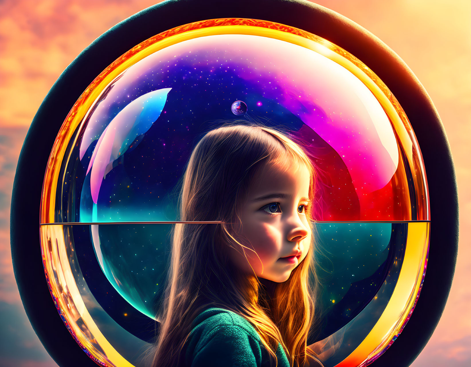 Young girl profile in surreal circular frame against cosmic backdrop