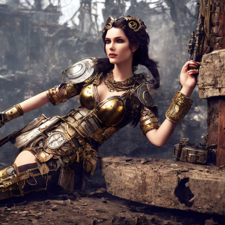 Fantasy armor-clad woman in misty forest setting