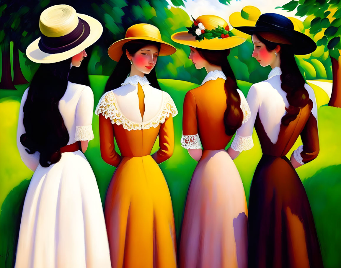 Four women in vintage dresses and wide-brimmed hats in stylized garden setting