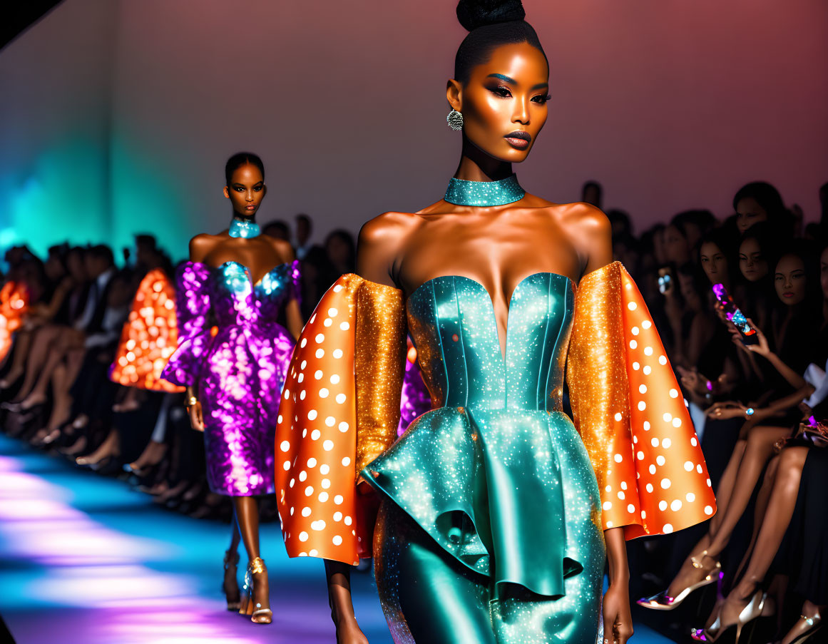 Fashion models in bold teal and orange polka-dotted dresses on runway with dramatic sleeves.