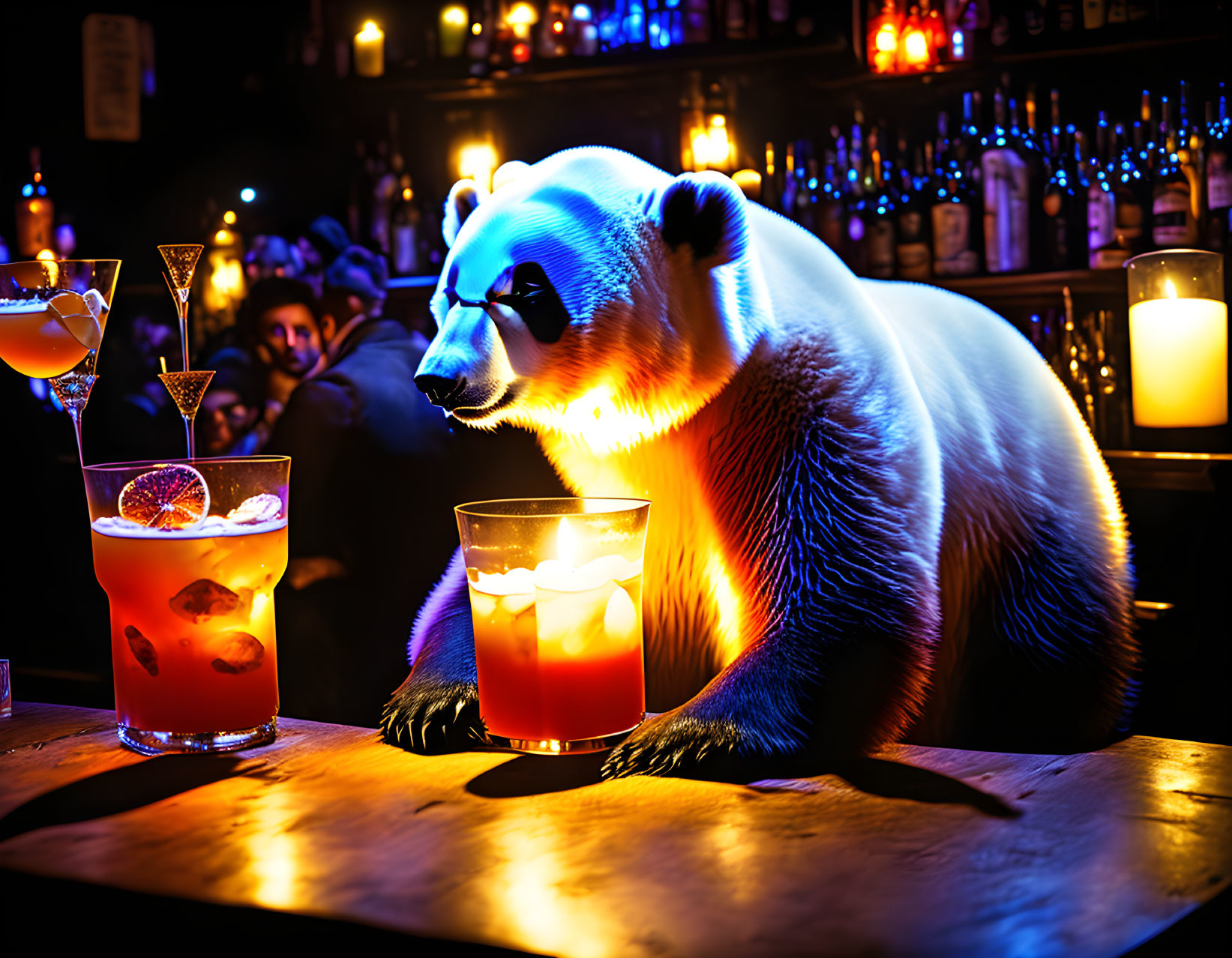 Polar bear enjoying cocktails in vibrant nighttime bar