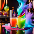 Colorful Smoke Effect Cocktails on Bar Top: Vibrant Glasses & Festive Ambiance