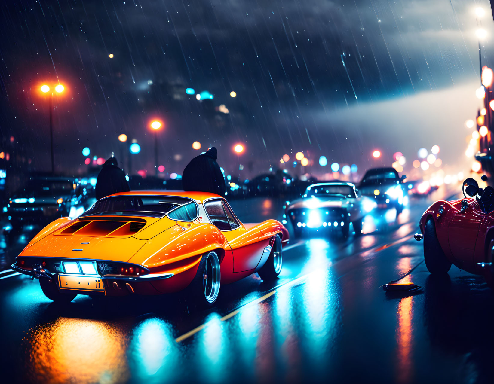 Classic sports cars on wet city road at night with rain and reflections