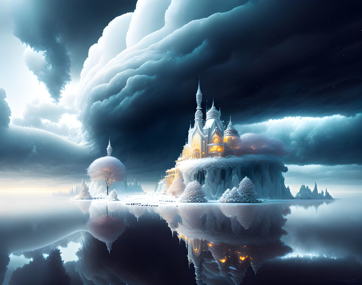 Snow-covered island castle illuminated at dusk with dramatic cloudscape