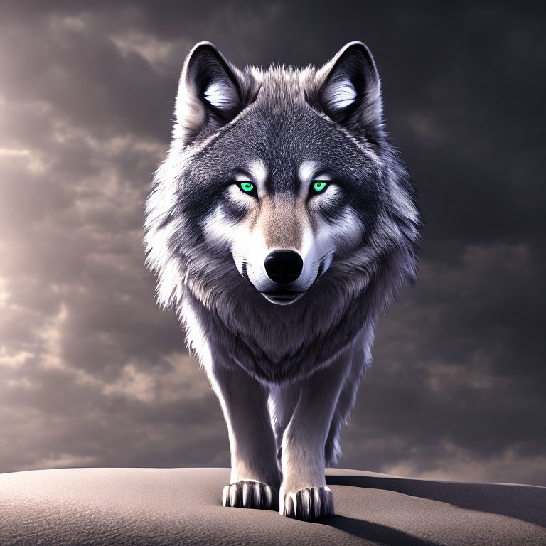 Realistic CGI Image: Gray Wolf with Green Eyes on Rocky Terrain