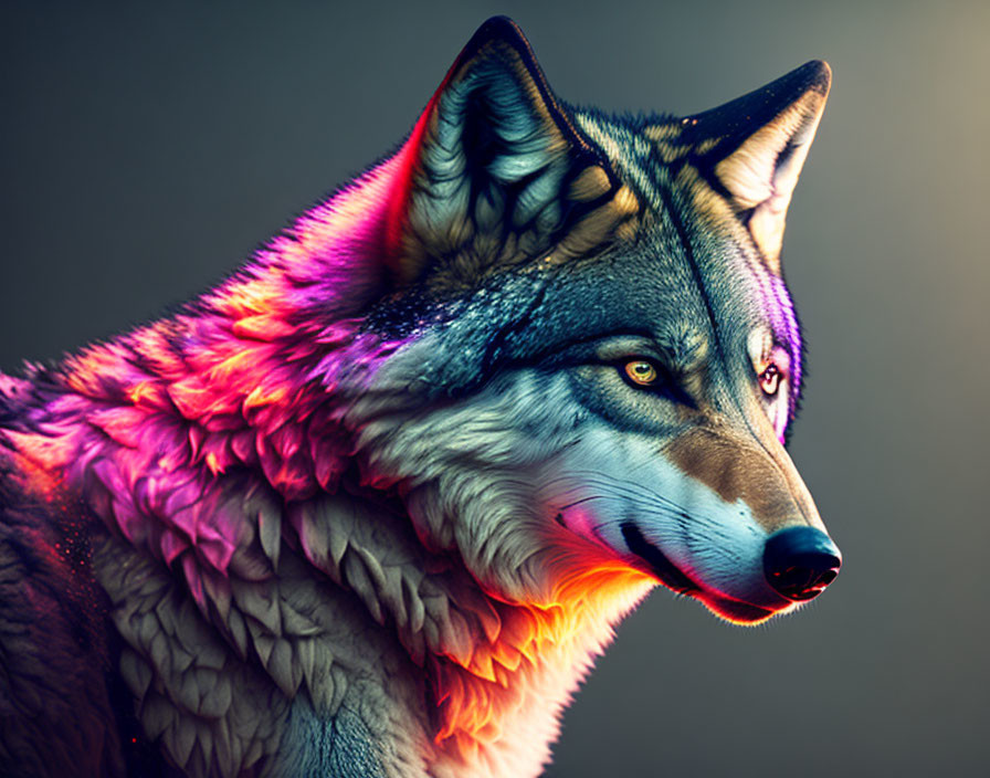 Digitally Manipulated Wolf Image with Vibrant Multicolored Fur