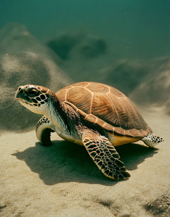 Sea turtle swimming near sandy ocean floor with patterned shell and flippers highlighted by sunlight.