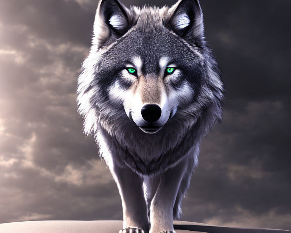 Realistic CGI Image: Gray Wolf with Green Eyes on Rocky Terrain