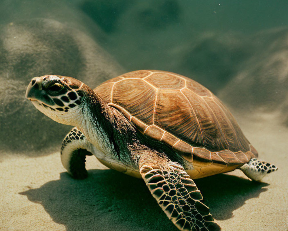 Sea turtle swimming near sandy ocean floor with patterned shell and flippers highlighted by sunlight.