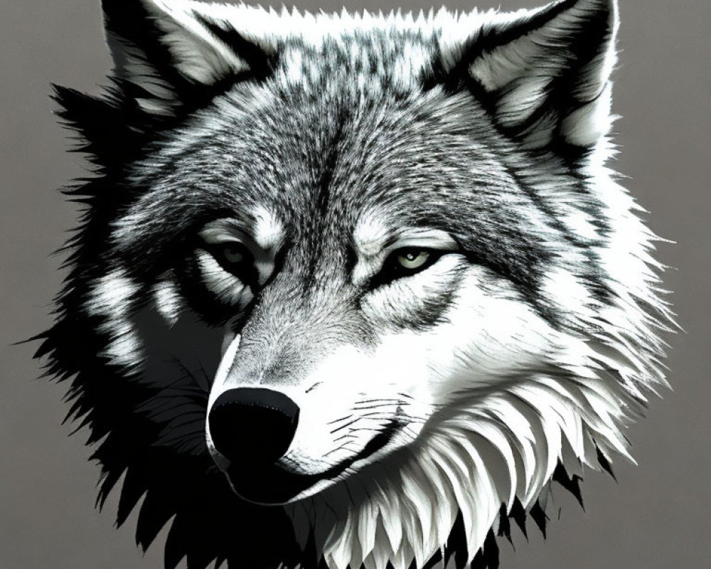 Detailed Grayscale Wolf Face Illustration with Intense Eyes