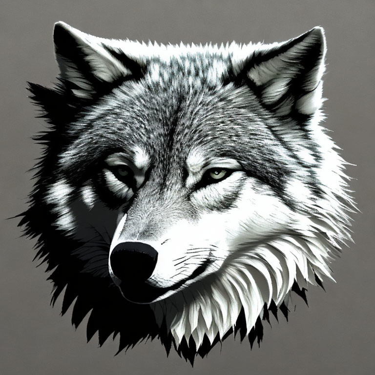 Detailed Grayscale Wolf Face Illustration with Intense Eyes