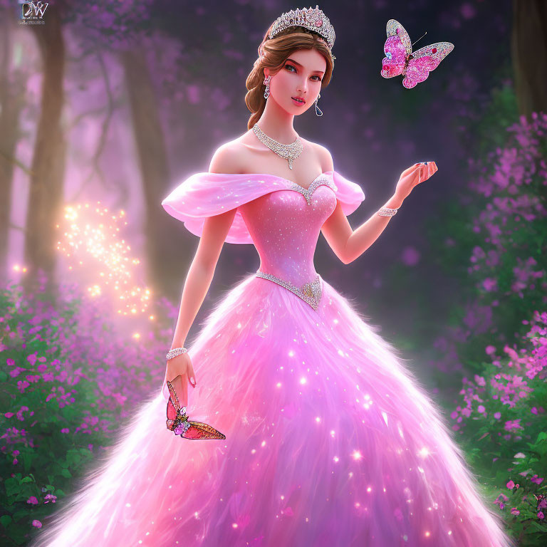 Animated princess in pink gown surrounded by butterflies in magical forest.