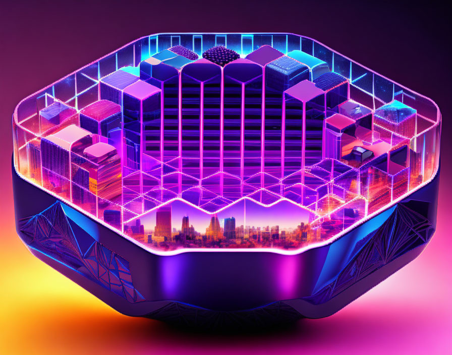 Futuristic cityscape in floating hexagonal structure