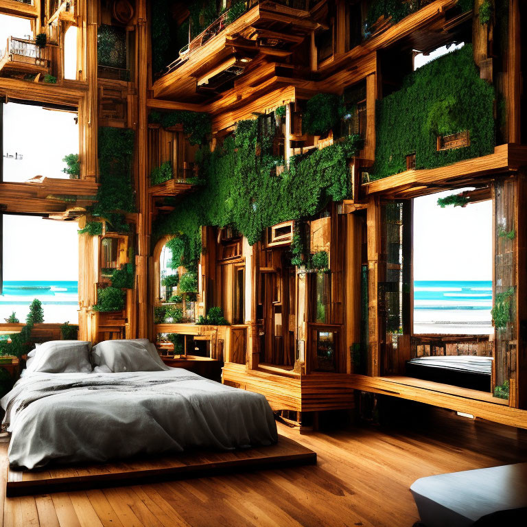 Luxurious wooden bedroom with ocean view, lush green walls, cozy bed