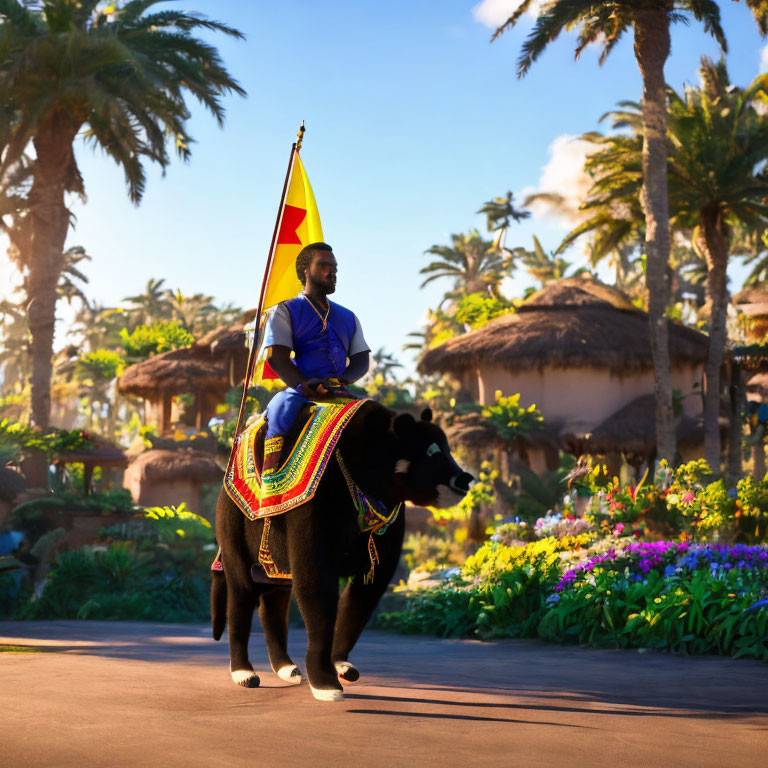 Adorned elephant rider in tropical village with palm trees and huts