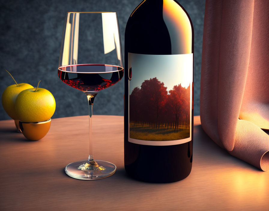 Scenic wine bottle label with glass on wooden table, apples and fabric in background